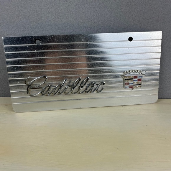 Cadillac Other - Vintage Cadillac Chrome Ribbed Metal License Plate Vanity Tag Crest Logo Emblem